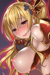 Rule 34 | 10s, 1girl, :d, bare shoulders, black ribbon, blonde hair, blush, breastless clothes, breasts, brown gloves, eyebrows, from side, full-face blush, gloves, granblue fantasy, hair ornament, hair ribbon, hairpin, large breasts, long hair, looking to the side, nipples, open mouth, ponytail, red eyes, revealing clothes, ribbon, smile, solo, sweatdrop, takeda aranobu, tassel, tsurime, upper body, vira (granblue fantasy)