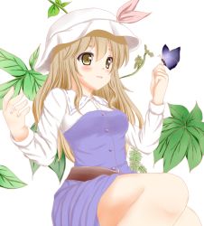 Rule 34 | 1girl, bad id, bad pixiv id, belt, blonde hair, blush, breasts, bug, butterfly, butterfly on hand, curled fingers, dress, fern, hat, hat ribbon, insect, layered dress, leaf, long hair, long sleeves, looking to the side, medium breasts, parted lips, pink ribbon, ribbon, simple background, sitting, solo, sukusuku hishi, touhou, watatsuki no toyohime, white background, white hat, yellow eyes, yokozuwari