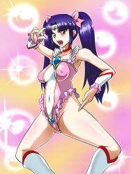 Rule 34 | 10s, 1girl, boots, breasts, brown eyes, cameltoe, covered erect nipples, covered navel, cross ange, female focus, frills, gradient background, hair ribbon, highres, leotard, long hair, open mouth, purple hair, ribbon, salia (cross ange), solo, tiara, twintails, v, wa bu ki