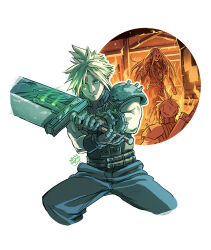 Rule 34 | 2boys, armor, baggy pants, belt, blonde hair, blue pants, blue shirt, brown belt, buster sword, cloud strife, cowboy shot, diana mercolini, fighting stance, final fantasy, final fantasy vii, final fantasy vii remake, fire, holding, holding sword, holding weapon, long bangs, long hair, long jacket, looking at another, male focus, materia, metal gloves, multiple belts, multiple boys, pants, parted bangs, sephiroth, shirt, short hair, shoulder armor, signature, sleeveless, sleeveless turtleneck, spiked hair, square enix, sword, toned, toned male, turtleneck, weapon, weapon on back