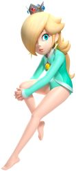 Rule 34 | 1girl, absurdres, bare legs, barefoot, blonde hair, blue eyes, blue leotard, crown, eyelashes, feet, full body, hair over one eye, hands on own knees, highres, leotard, long hair, mario &amp; sonic at the olympic games, mario &amp; sonic at the rio 2016 olympic games, mario (series), nintendo, official art, rosalina, simple background, white background