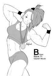 Rule 34 | 1girl, abs, absurdres, ass, bandaid, bandaid on face, bare arms, bare shoulders, biceps, bike shorts, captain mizuki, character name, character profile, eyelashes, flexing, greyscale, gym shorts, highres, joylewds, legs, looking at viewer, medal, midriff, monochrome, muscular, muscular female, one-punch man, one eye closed, ponytail, short hair, shorts, simple background, thighs, tight clothes, white background, wink, wrist cuffs, wristband