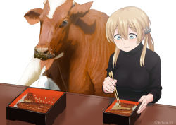 Rule 34 | 1girl, alternate costume, anchor hair ornament, aqua eyes, black shirt, blonde hair, breasts, brown hair, chopsticks, commentary request, cow, food, hair between eyes, hair ornament, holding, holding chopsticks, kantai collection, long hair, misumi (niku-kyu), prinz eugen (kancolle), shirt, simple background, table, twintails, twitter username, unajuu (food), white background