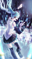 Rule 34 | 1girl, :d, absurdres, audience, black footwear, black skirt, black sleeves, blouse, blue eyes, blue hair, blue necktie, boots, detached sleeves, floating hair, hatsune miku, headphones, headset, highres, long hair, long sleeves, microphone, miniskirt, necktie, o 28 otsuha, open mouth, pleated skirt, print skirt, profile, shirt, skirt, sleeveless, sleeveless shirt, smile, solo, stage, thigh boots, thighhighs, twintails, vocaloid, white shirt, zettai ryouiki