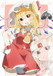 1girl :d absurdres ascot blonde_hair blush bow commentary cowboy_shot crystal fang flandre_scarlet frilled_shirt_collar frills hair_between_eyes hat hat_ribbon highres laevatein_(touhou) looking_at_viewer mob_cap one_side_up open_mouth puffy_short_sleeves puffy_sleeves red_bow red_eyes red_ribbon red_skirt red_vest ribbon sceptyos shirt short_hair short_sleeves side_ponytail signature skirt skirt_set smile solo standing touhou twitter_username vest white_shirt wings wrist_cuffs yellow_ascot