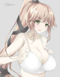 Rule 34 | 1girl, blush, bra, breasts, collarbone, embarrassed, gakky, gradient background, green eyes, grey background, hair flaps, hair ribbon, highres, kantai collection, large breasts, long hair, looking at viewer, open mouth, pink hair, ponytail, ribbon, solo, sports bra, underwear, upper body, very long hair, yura (kancolle)
