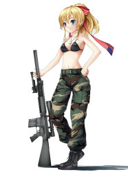 Rule 34 | 1girl, bare shoulders, belt, black bra, black footwear, blonde hair, blue eyes, blush, boots, bra, camouflage, closed mouth, collarbone, expressionless, female focus, gun, hand on own hip, holding, holding gun, holding weapon, jewelry, midriff, navel, necklace, original, pendant, ponytail, shadow, simple background, solo, taiyou, underwear, weapon, white background