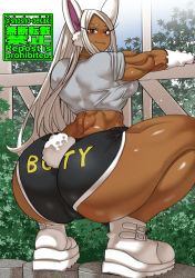 Rule 34 | 1girl, ass, bare shoulders, black shorts, boku no hero academia, clothes writing, dark-skinned female, dark skin, fence, gloves, highres, huge ass, long hair, looking at viewer, looking back, mirko, muscular, muscular female, rabbit ears, rabbit girl, rabbit tail, red eyes, shirt, shoes, short shorts, short sleeves, shorts, shosho oekaki, smile, sneakers, solo, squatting, thick thighs, thighs, white gloves, white hair