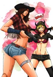 Rule 34 | 2girls, absurdres, alternate costume, ass, blonde hair, blue eyes, bra, breasts, brown hair, claire redfield, cleavage, cowboy hat, cowboy western, denim, denim shorts, english text, from behind, grin, groin, gun, hair over one eye, hat, highres, hood, jacket, katana, large breasts, long hair, looking at viewer, looking back, moira burton, multiple girls, resident evil, resident evil: revelations 2, sheath, sheathed, shiny skin, short hair, short shorts, shorts, smile, speech bubble, sword, thigh strap, thighhighs, tryvor, underwear, weapon