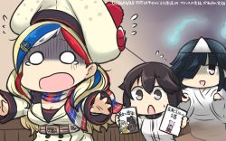 Rule 34 | 3girls, animalization, bear, beauty and the beast, belt, beret, black hair, blonde hair, blue eyes, blue hair, brown eyes, cat, chasing, commandant teste (kancolle), commentary request, double-breasted, ghost, hair over one eye, hamu koutarou, hat, hayashimo (kancolle), hayasui (kancolle), highres, hitodama, jacket, japanese clothes, kantai collection, kimono, kumano (kancolle), long hair, manga (object), multicolored hair, multiple girls, o o, plaid, plaid scarf, pom pom (clothes), puss in boots, red hair, running, scarf, short hair, streaked hair, suzuya (kancolle), tama (kancolle), tears, triangular headpiece, white hair, white jacket
