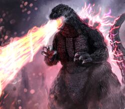 Rule 34 | akito1218, atomic breath, breath weapon, dinosaur, electricity, embers, energy, energy beam, fangs, giant, giant monster, glowing, glowing mouth, glowing spikes, godzilla, godzilla (series), godzilla vs. spacegodzilla, highres, kaijuu, monster, mouth beam, muscular, muscular arms, muscular legs, no humans, open mouth, orange eyes, pectorals, pink electricity, purple electricity, red electricity, red spiral ray, sea monster, sharp teeth, spikes, tail, teeth, thick thighs, thighs, toho, tongue, two-tone eyes, yellow eyes