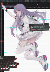 Rule 34 | 1girl, absurdres, arm up, chromatic aberration, commentary, dress, elbow gloves, full body, garter straps, glitch, gloves, highres, image editing program, long hair, looking at viewer, midair, original, panties, pantyshot, parted lips, pink eyes, purple hair, shoe soles, shoes, short dress, short sleeves, smile, sneakers, solo, sugai (4ugaii), thigh strap, thighhighs, underwear, white dress, white footwear, white gloves, white panties, white thighhighs