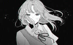 Rule 34 | 1girl, blush, bow, bowtie, closed mouth, collared shirt, egashira mika, floating hair, greyscale, light particles, long hair, looking at viewer, monochrome, pechevail, sad, school uniform, shirt, short sleeves, skip to loafer, smile, solo, sweater vest, upper body, wind