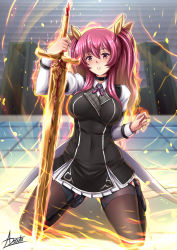Rule 34 | 1girl, adsouto, black thighhighs, blush, breasts, garter belt, garter straps, hair ribbon, highres, holding, holding sword, holding weapon, large breasts, long hair, looking at viewer, rakudai kishi no cavalry, red eyes, red hair, ribbon, skirt, solo, stella vermillion, sword, thighhighs, twintails, two side up, uniform, weapon, yellow ribbon