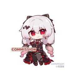 Rule 34 | 1girl, asymmetrical legwear, black bow, black dress, black footwear, black pantyhose, bow, chibi, closed mouth, commentary request, commission, dress, earrings, eta, flower, full body, gradient hair, grey hair, grey pantyhose, hair between eyes, hair bow, hand up, honkai (series), honkai impact 3rd, jewelry, long sleeves, looking at viewer, mismatched legwear, multicolored hair, pantyhose, red eyes, red flower, red hair, red rose, rose, simple background, sleeves past wrists, smile, solo, theresa apocalypse, theresa apocalypse (luna kindred), theresa apocalypse (lunar vow: crimson love), torn clothes, torn pantyhose, white background