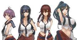Rule 34 | 10s, 4girls, agano (kancolle), ahoge, alternate eye color, anchor symbol, arm up, armpits, bare shoulders, belt, black hair, braid, breasts, brown hair, gloves, green eyes, hair between eyes, hand in own hair, high ponytail, kantai collection, large breasts, long hair, looking at viewer, looking to the side, midriff, multiple girls, navel, necktie, noshiro (kancolle), open mouth, pleated skirt, ponytail, pupps, purple eyes, purple hair, red eyes, red skirt, sakawa (kancolle), school uniform, scrunchie, serafuku, short hair, siblings, simple background, skirt, small breasts, smile, swept bangs, uniform, v arms, white background, white gloves, yahagi (kancolle)
