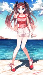 Rule 34 | 1girl, black hair, blue eyes, byulrorqual, fate/stay night, fate (series), full body, gradient background, hair ribbon, heart, heart-shaped eyewear, heart-shaped sunglasses, highres, knees together feet apart, long hair, long legs, looking at viewer, ribbon, shorts, smile, solo, striped, tohsaka rin, two side up, v, very long hair