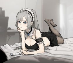 Rule 34 | blue eyes, blurry, brown pantyhose, collar, crossed legs, depth of field, earrings, expressionless, fake phone screenshot, fake screenshot, feet together, frills, gogalking, grey hair, highres, jewelry, looking at viewer, maid, maid (gogalking), maid headdress, pantyhose, skirt, solo