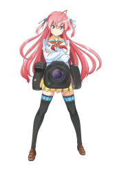 Rule 34 | 1girl, absurdres, ahoge, aqua eyes, black thighhighs, blue eyes, brown footwear, camera, crossed arms, dot nose, full body, hair ribbon, highres, ichika (kaden shoujo), ichika (kadenshojo), kaden shoujo, kuuchuu yousai, legs apart, loafers, long hair, long sleeves, looking at viewer, miniskirt, neckerchief, official art, pink hair, pleated skirt, red neckerchief, ribbon, school uniform, serafuku, shirt, shoes, simple background, skirt, smile, solo, standing, thighhighs, two side up, white background, white shirt, wide stance, yellow skirt, zettai ryouiki