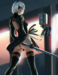 Rule 34 | 1girl, archimedes aligway, arm at side, ass, back, back cutout, black dress, black footwear, black gloves, black hairband, black ribbon, black thighhighs, blindfold, bob cut, boots, breasts, brown thighhighs, closed mouth, clothing cutout, covered eyes, cowboy shot, dress, drone, facing viewer, floating, from behind, gloves, hairband, highres, holding, holding pencil, juliet sleeves, legs apart, long sleeves, machinery, medium breasts, nier (series), nier:automata, no mole, nose, pencil, pod (nier:automata), puffy sleeves, red lips, ribbon, robot, short dress, short hair, side slit, silver hair, solo, standing, thigh boots, thighhighs, thighhighs under boots, turtleneck, vambraces, 2b (nier:automata)