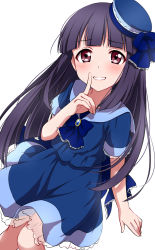 Rule 34 | 10s, 1girl, absurdres, black hair, blue dress, blue hair, blunt bangs, blush, dress, finger to mouth, frilled skirt, frills, gem, hat, highres, long hair, looking at viewer, love live!, love live! school idol festival, mini hat, parted lips, red eyes, ribbon, sailor collar, sekina, short sleeves, shushing, simple background, skirt, smile, solo, tatara ru, white background