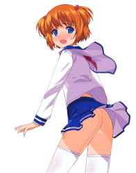 Rule 34 | 00s, 1girl, a1 (initial-g), ass, back, blue eyes, blush, clothes lift, embarrassed, fang, flat ass, from behind, hair bobbles, hair ornament, kataoka yuuki, looking back, no panties, orange hair, pleated skirt, saki (manga), school uniform, serafuku, short hair, short twintails, simple background, skirt, skirt lift, solo, standing, sweatdrop, thighhighs, twintails, two side up, white thighhighs, wind, wind lift
