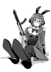 Rule 34 | 1girl, ahoge, alternate costume, animal ears, bespectacled, blunt bangs, bow, bowtie, coat, detached collar, fake animal ears, firearm request, foreshortening, full body, fur-trimmed coat, fur trim, glasses, greyscale, gun, kantai collection, kishinami (kancolle), leotard, looking at viewer, makio (makiomeigenbot), monochrome, pantyhose, perspective, playboy bunny, rabbit ears, rifle, short hair, sitting, solo, strapless, strapless leotard, trench coat, wavy hair, weapon