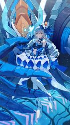 1girl armor armored_dress bare_shoulders blue_dress blue_gloves bronya_zaychik bronya_zaychik_(herrscher_of_reason) clothing_cutout commentary crossed_bangs dress drill_hair gloves grey_eyes grey_hair hair_between_eyes hair_ornament halter_dress halterneck highres honkai_(series) honkai_impact_3rd long_hair ngoyamadesu project_bunny shoes solo stomach_cutout thighhighs very_long_hair white_shoes white_thighhighs