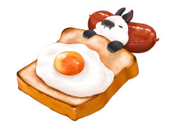Rule 34 | animal focus, blanket, bread slice, closed eyes, egg, egg (food), food, food focus, food on body, fried egg, fried egg on toast, lilac (p-f easy), lying, md5 mismatch, no humans, original, pepper, pillow, rabbit, resolution mismatch, sausage, simple background, sleeping, solo, source smaller, toast, white background