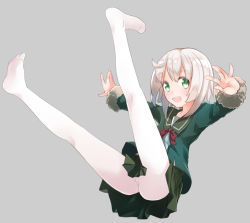 Rule 34 | 10s, 1girl, blonde hair, bow, bowtie, comah, feet, fur trim, green eyes, green jacket, green skirt, grey background, jacket, kantai collection, legs up, long sleeves, looking at viewer, no shoes, open mouth, pantyhose, pleated skirt, red bow, red bowtie, shimushu (kancolle), short hair, simple background, skirt, smile, solo, white pantyhose