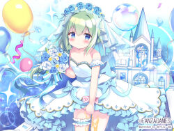 Rule 34 | 1girl, azumi kazuki, balloon, bare shoulders, blue eyes, blue flower, blue rose, blush, bouquet, breasts, bridal veil, bride, bubble, castle, character request, closed mouth, collarbone, commentary request, copyright notice, dress, flower, frilled dress, frills, fruits fulcute!, green hair, highres, holding, holding bouquet, looking at viewer, official art, petals, rose, see-through, small breasts, smile, solo, strapless, strapless dress, tower, veil, wedding dress, white dress, white flower, white rose
