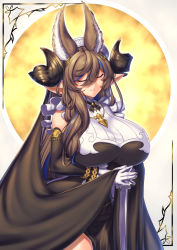 Rule 34 | 1girl, animal ears, asymmetrical clothes, asymmetrical hair, bare shoulders, breasts, chain, closed eyes, cowboy shot, detached sleeves, extra ears, fingers together, frilled sleeves, frills, galleon (granblue fantasy), gloves, granblue fantasy, highres, horns, huge breasts, jewelry, multicolored hair, pelvic curtain, pointy ears, sidelocks, single horn, smile, solo, streaked hair, white gloves, yui sora