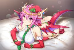 Rule 34 | 1girl, absurdres, bare shoulders, blush, breasts, christmas, closed mouth, commentary request, crop top, dragon girl, dragon horns, dragon tail, dragon wings, elbow gloves, full body, fur trim, glint, gloves, green necktie, hair between eyes, halterneck, hat, heterochromia, highres, horns, large breasts, looking at viewer, lying, necktie, on bed, pink eyes, pink hair, puzzle &amp; dragons, red gloves, red thighhighs, samoore, santa hat, shadow, short hair, short shorts, shorts, sidelocks, smile, solo, sonia (p&amp;d), sparkle, spiked hair, star (symbol), tail, thighhighs, wings, yellow eyes