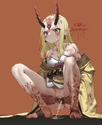Rule 34 | 1girl, anus, blonde hair, censored, demon girl, demon horns, fate/grand order, fate (series), ghode (basashi), highres, horns, ibaraki douji (fate), japanese clothes, no panties, peeing, pussy, solo, spread pussy, squatting, yellow eyes
