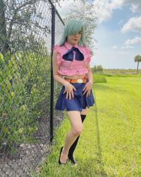 Rule 34 | 1girl, bare shoulders, black thighhighs, blue sky, breasts, cosplay, cuban (nationality), day, elizabeth liones, elizabeth liones (cosplay), female focus, grass, green eyes, hair over one eye, highres, large breasts, long hair, looking at viewer, nanatsu no taizai, outdoors, photo (medium), single thighhigh, skirt, sky, solo, standing, staryuuki, thighhighs, white hair