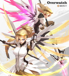 Rule 34 | 2girls, absurdres, aiming, aiming at viewer, alternate eye color, alternate wing color, armor, blonde hair, bodysuit, breasts, brown legwear, character name, copyright name, dated, dual persona, evil smile, faulds, glowing, glowing wings, grey background, gun, hair tie, halo, handgun, high ponytail, highres, holding, holding staff, licking lips, long hair, mechanical halo, mechanical wings, medium breasts, mercy (overwatch), multiple girls, open mouth, overwatch, overwatch 1, pelvic curtain, pistol, purple wings, red eyes, shou mai, simple background, smile, spread wings, staff, tongue, tongue out, upper body, weapon, white background, white bodysuit, wings, yellow wings