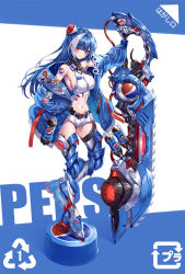 Rule 34 | 1girl, armored boots, armpits, arrow (symbol), badge, bare shoulders, belt, black panties, blue gloves, blue hair, blue jacket, boots, bottle cap, breasts, cleavage, commentary, crop top, full body, gloves, groin, hair bun, heirou, holding, holding sword, holding weapon, huge weapon, jacket, large breasts, long hair, long sleeves, looking at viewer, midriff, multicolored hair, navel, off shoulder, open clothes, open fly, open jacket, original, outstretched arm, panties, pepsi, pepsi japan cola challenge (meme), recycling symbol, red eyes, shirt, short shorts, shorts, shoulder tattoo, side bun, single hair bun, single side bun, sleeveless, sleeveless shirt, sleeveless turtleneck, smile, soda, soda bottle, solo, standing, stomach, strap, sword, tattoo, thighhighs, thighs, turtleneck, two-tone hair, underwear, v-shaped eyebrows, weapon, white shirt, white shorts