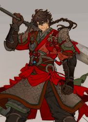 Rule 34 | 1boy, armor, braid, brown eyes, brown gloves, brown hair, clenched hand, closed mouth, gloves, grey background, hair between eyes, highres, holding, holding sword, holding weapon, male focus, medium hair, original, over shoulder, pauldrons, ponytail, ricemune723623, shoulder armor, simple background, smile, solo, standing, sword, weapon, weapon over shoulder