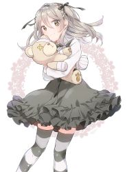 Rule 34 | 10s, 1girl, artist name, bandages, black bow, black bowtie, black skirt, black thighhighs, bow, bowtie, brown eyes, casual, closed mouth, collared shirt, commentary, girls und panzer, head tilt, high-waist skirt, highres, holding, holding stuffed toy, layered skirt, light brown hair, long hair, long sleeves, looking at viewer, shimada arisu, shirt, side ponytail, signature, skirt, smile, solo, standing, striped clothes, striped thighhighs, stuffed animal, stuffed toy, suspender skirt, suspenders, tam a mat, teddy bear, thighhighs, white background, white shirt, wind