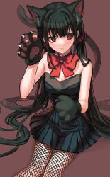 Rule 34 | 1girl, animal ears, animal hands, bare shoulders, black dress, black hair, bow, bowtie, breasts, cat ears, cat girl, cat paws, cat tail, closed mouth, commentary, danganronpa (series), danganronpa v3: killing harmony, dress, fishnet pantyhose, fishnets, halloween costume, harukawa maki, highres, long hair, looking to the side, medium breasts, mole, mole under eye, official alternate costume, pantyhose, red background, red bow, red bowtie, red eyes, simple background, sitting, solo, symbol-only commentary, tail, v-shaped eyebrows, visket53