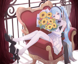 Rule 34 | 1girl, absurdres, black footwear, blue eyes, blue hair, bouquet, curtains, dress, elbow gloves, flower, full body, gloves, hair between eyes, hatsune miku, high heels, highres, holding, holding bouquet, long hair, looking at viewer, shoe dangle, sitting, solo, thighhighs, twintails, very long hair, vocaloid, white dress, white gloves, white thighhighs, yuzuaji