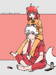 Rule 34 | 1boy, 1girl, ahoge, artist name, aya shiro423, barefoot, beer can, blue eyes, can, carrying, controller, dated, dog, drink can, gintama, hand on own cheek, hand on own face, holding another&#039;s hair, japanese clothes, kagura (gintama), kimono, medium hair, mouth hold, pajamas, piggyback, red background, red eyes, red kimono, remote control, sadaharu, sakata gintoki, short hair, sitting