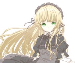 Rule 34 | 1girl, bad id, bad pixiv id, blonde hair, dress, frills, gosick, gothic lolita, green eyes, hairband, kabarsuki, lolita fashion, long hair, looking away, simple background, solo, upper body, very long hair, victorica de blois, white background