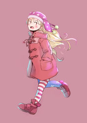 Rule 34 | 1girl, american flag legwear, blonde hair, blush, clownpiece, coat, full body, hands in pockets, hat, jester cap, long hair, long sleeves, open mouth, pantyhose, pink hat, pointy ears, polka dot, polka dot headwear, rangycrow, red background, red coat, red eyes, red footwear, shoes, simple background, smile, solo, star (symbol), star print, striped clothes, striped pantyhose, touhou