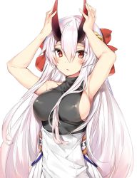 Rule 34 | 1girl, armpits, arms up, blouse, blush, bow, breasts, closed mouth, fate/grand order, fate (series), hair between eyes, hair bow, highres, horns, japanese clothes, large breasts, long hair, looking at viewer, oni horns, red bow, red eyes, shirt, sideboob, sidelocks, silver (chenwen), simple background, sleeveless, sleeveless shirt, solo, tomoe gozen (fate), tsurime, turtleneck, upper body, very long hair, white background, white hair