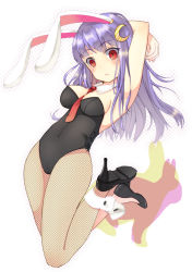 Rule 34 | 1girl, :&lt;, alternate costume, animal ears, ankle cuffs, armpits, arms behind head, arms up, bad id, bad pixiv id, between breasts, blush, breasts, cleavage, cosplay, crescent, crescent hair ornament, detached collar, artistic error, female focus, fishnet pantyhose, fishnets, full body, hair ornament, high heels, kagura (c h r o e), leotard, long hair, medium breasts, necktie, no bra, pantyhose, playboy bunny, purple hair, rabbit, rabbit ears, rabbit girl, red eyes, red necktie, reisen udongein inaba, shoes, sideboob, simple background, solo, touhou, very long hair