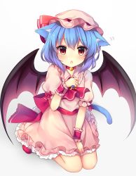 Rule 34 | 1girl, animal ear fluff, animal ears, ascot, bat wings, bell, between legs, blue hair, blush, brooch, cat day, cat ears, cat tail, collar, commentary request, dress, dress tug, frilled dress, frilled shirt collar, frills, hand between legs, hand on own chest, hat, hat ribbon, highres, jewelry, kemonomimi mode, looking at viewer, mob cap, neck bell, parted lips, paw pose, pink dress, pink hat, puffy short sleeves, puffy sleeves, red ascot, red eyes, red footwear, red ribbon, red sash, remilia scarlet, ribbon, ruhika, sash, seiza, shoes, short hair, short sleeves, simple background, sitting, solo, tail, touhou, wariza, white background, wings, wrist cuffs