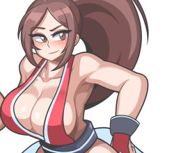 Rule 34 | 1girl, bare shoulders, blush, breasts, brown eyes, brown hair, cleavage, eyebrows, gloves, highres, japanese clothes, large breasts, long hair, looking to the side, no bra, ponytail, red gloves, revealing clothes, sagas293, shiranui mai, smile, solo, the king of fighters, unfinished, white background