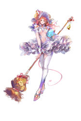 Rule 34 | 1girl, :&lt;, absurdres, anning, bell, blush, breasts, broom, brown eyes, clothing cutout, commentary request, demon tail, flower, flower ornament, frilled skirt, frills, hat, highres, holding, holding broom, horns, medium breasts, midriff, midriff peek, monster, navel, original, pantyhose, red hair, shoes, simple background, skirt, standing, sunflower, tachi-e, tail, underboob, underboob cutout, white background, white pantyhose, witch hat