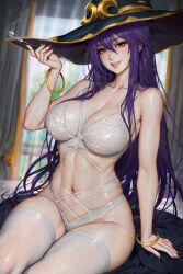 Rule 34 | 1girl, black hat, bra, bracelet, breasts, brown eyes, brown nails, cleavage, collarbone, commentary, curtains, english commentary, goblin slayer!, gold bracelet, gold trim, hair between eyes, hair over shoulder, hat, highres, holding, holding smoking pipe, indoors, jewelry, large breasts, long hair, looking at viewer, mixed-language commentary, mole, mole under eye, neoartcore, paid reward available, panties, patreon username, purple hair, railing, sitting, smile, smoking pipe, solo, thai commentary, thighhighs, underwear, very long hair, white bra, white panties, white thighhighs, witch (goblin slayer!), witch hat